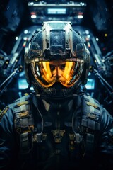 Fototapeta premium A detailed portrait of an astronaut inside the cockpit of a spaceship, surrounded by controls and technology, a focused expression visible through the helmet