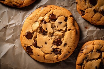 An aerial view of chocolate chip cookies and a chocolate slice on baking paper with space for text
