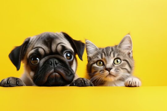 Amusing gray kitten happy dog trendy yellow background Cute fluffy cat Shih Tzu and Pug puppy emerges from hole in colored background Wide angle wallpap