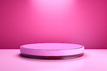 An unfilled pink podium for displaying cosmetic products under bright lights