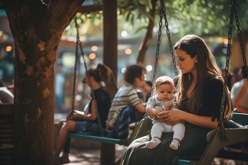 Obraz premium Woman holds her baby in her arms sitting on a park bench outdoors