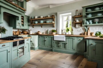 A conventional country kitchen with a huge range cooker with gas hob, duck egg green cupboards and wall cabinets, and a white ceramic sink