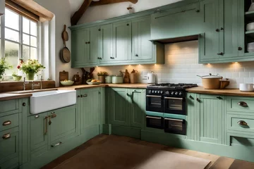 Fotobehang A conventional country kitchen with a huge range cooker with gas hob, duck egg green cupboards and wall cabinets, and a white ceramic sink © Tanveer