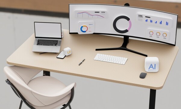 Computer Desktop Laptop with 3D Illustration, SEO Data Analysis Web AI UI UX , KPI Metrics Progamming 