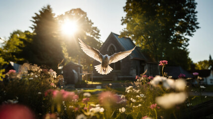 Dove flying in front of a village church in the sunset light - obrazy, fototapety, plakaty