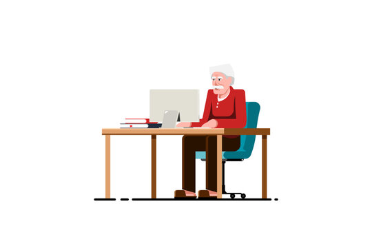 Old man using computer on table, Using computer for education and enjoyment on isolated background, Vector illustration.