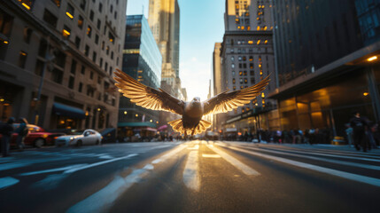 Close up shot of a flying dove in New York city - obrazy, fototapety, plakaty