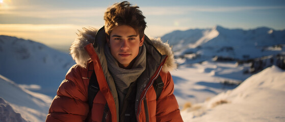 portrait of a latino model in a mountain landscape in winter
