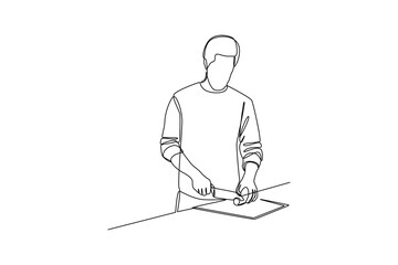 Man cutting cucumber for cooking. Collection of cartoon man and woman preparing food. Cooking illustration in black and white background. Cartoon character flat vector illustration.