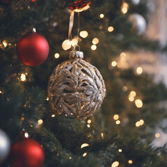 christmast tree with ornaments and beautiful bokeh
