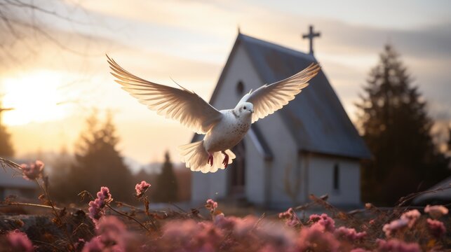 Dove flies over a rural landscape with a little church in the background