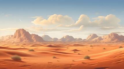 Fototapeta na wymiar sandy desert. desert landscape dunes with blue sky. Sand mounds formed in circular shape, 