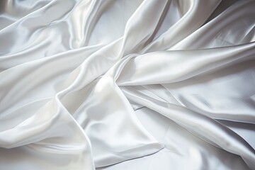 Beautiful crumpled white polyester fabric sheets on bed with warm motion for cloth washing and decoration in home - obrazy, fototapety, plakaty