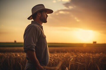 A rugged, resilient farmer stands firmly, his silhouette framed against the golden vastness of his ripe fields, a subtle, proud smile playing on his lips as the sun sets behind him, casting a warm, go