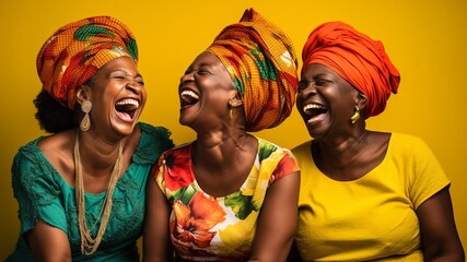 Three Martinican women friends smiling and laughing together, dressed in color, against a colorful background of yellow, blue, orange, green, and red - obrazy, fototapety, plakaty