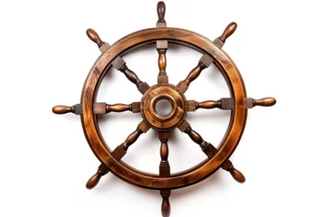 Schilderijen op glas Antique wooden ship wheel White background © The Big L