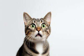 Anxious cute cat portrait on white background expresses emotions for advertisement