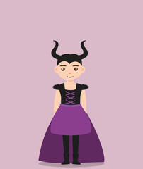 girl in Halloween costume. Girl characters in costume for Halloween fun party carnival. Cartoon a girl wearing purple devil costume