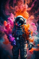 A striking portrait of an astronaut in a space suit, with the vibrant and colorful nebulae of deep space serving as a backdrop