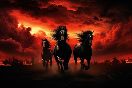 Apocalyptic Scene Black Horses Running Amidst Red Clouds