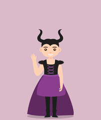 girl in Halloween costume. Girl characters in costume for Halloween fun party carnival. Cartoon a girl wearing purple devil costume