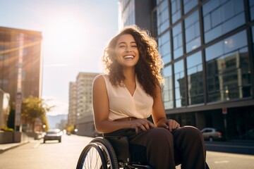 Fototapeta na wymiar A stunning young woman in a wheelchair, joyful, is portrayed against a vibrant city backdrop, urban lifestyle, and the diversity of everyday life