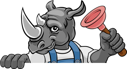 Rhino Plumber Cartoon Mascot Holding Plunger
