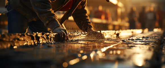 Pouring wet concrete at construction site. - obrazy, fototapety, plakaty
