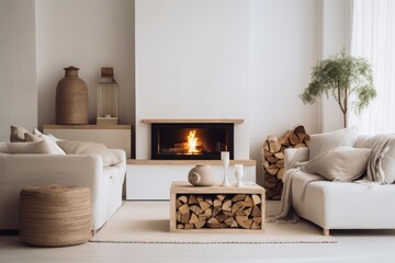 Artificial fireplace and firewood in basket featuring a bright living room interior