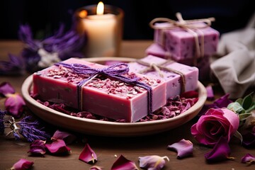 Artisan soap with bath and spa extras Lavender and rose petals dried - obrazy, fototapety, plakaty