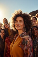 Fototapeta premium A vibrant and empowering image of a diverse group of women of varying ethnicities, standing together in solidarity against a backdrop of a sunlit, open natural setting