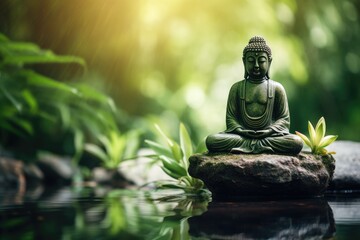 Asian spa concept with Buddha statue on a rock bamboo jungle and serene water - obrazy, fototapety, plakaty