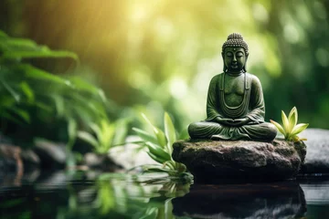 Tuinposter Asian spa concept with Buddha statue on a rock bamboo jungle and serene water © The Big L
