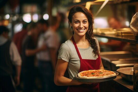 An approachable and joyful waitress, her smile bright and welcoming, holds a freshly baked, aromatic pizza in a bustling, vibrant restaurant, representing friendly service and appetizing, gourmet food