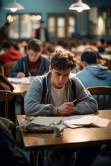 A focused student, seated at a tidy desk within a calm and well-lit classroom setting, is engrossed in answering an exam paper, the scene highlighting concentration and academic pursuit - obrazy, fototapety, plakaty