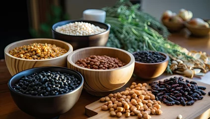 Poster Assorted legumes on cutting board © The Big L