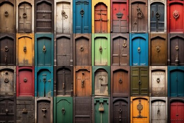 Assortment of antique vibrant wooden doors worldwide - obrazy, fototapety, plakaty