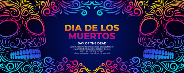 Day of the dead banner with colorful Sugar skull and Mexican flowers border