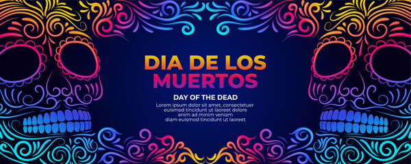 Day of the dead banner with colorful Sugar skull and Mexican flowers border