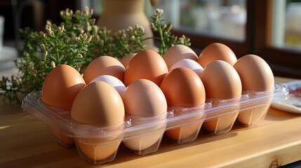 Fresh eggs in pack on the table. - Powered by Adobe
