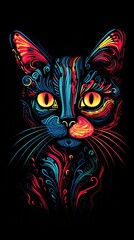 Portrait neon cat Stick multi color Black background Generative AI
