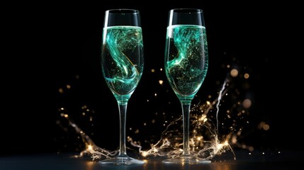 Champagne glasses with green fireworks- generative AI