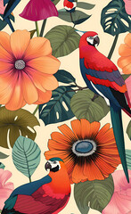 Exotic flowers boquet, birds, butterflies, retro vintage background