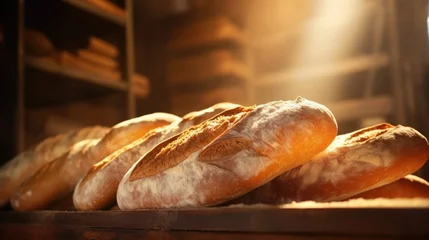 Gordijnen Close up of freshly baked sourdough bread. Bakery shop background with tasty bread on bakery shelves. © eireenz