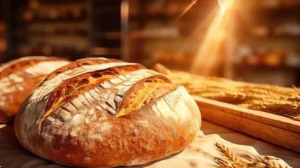Fotobehang Bakkerij Close up of freshly baked sourdough bread. Bakery shop background with tasty bread on bakery shelves.