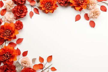 Autumn themed arrangement with red flowers Overhead view with space for text