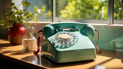 Retro landline telephone on the table. - obrazy, fototapety, plakaty