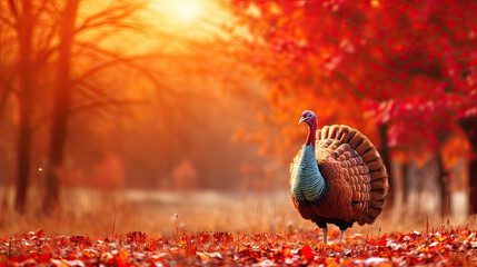 Male wild turkey strutting. sunset. Wildlife. - obrazy, fototapety, plakaty