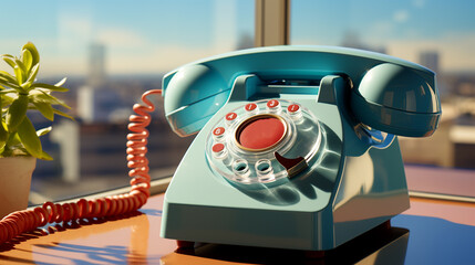 Retro landline telephone on the table. - obrazy, fototapety, plakaty