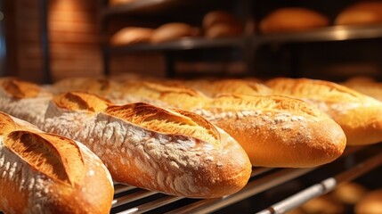 Close up of freshly baked French baguette. Bakery shop background with tasty bread on bakery shelves